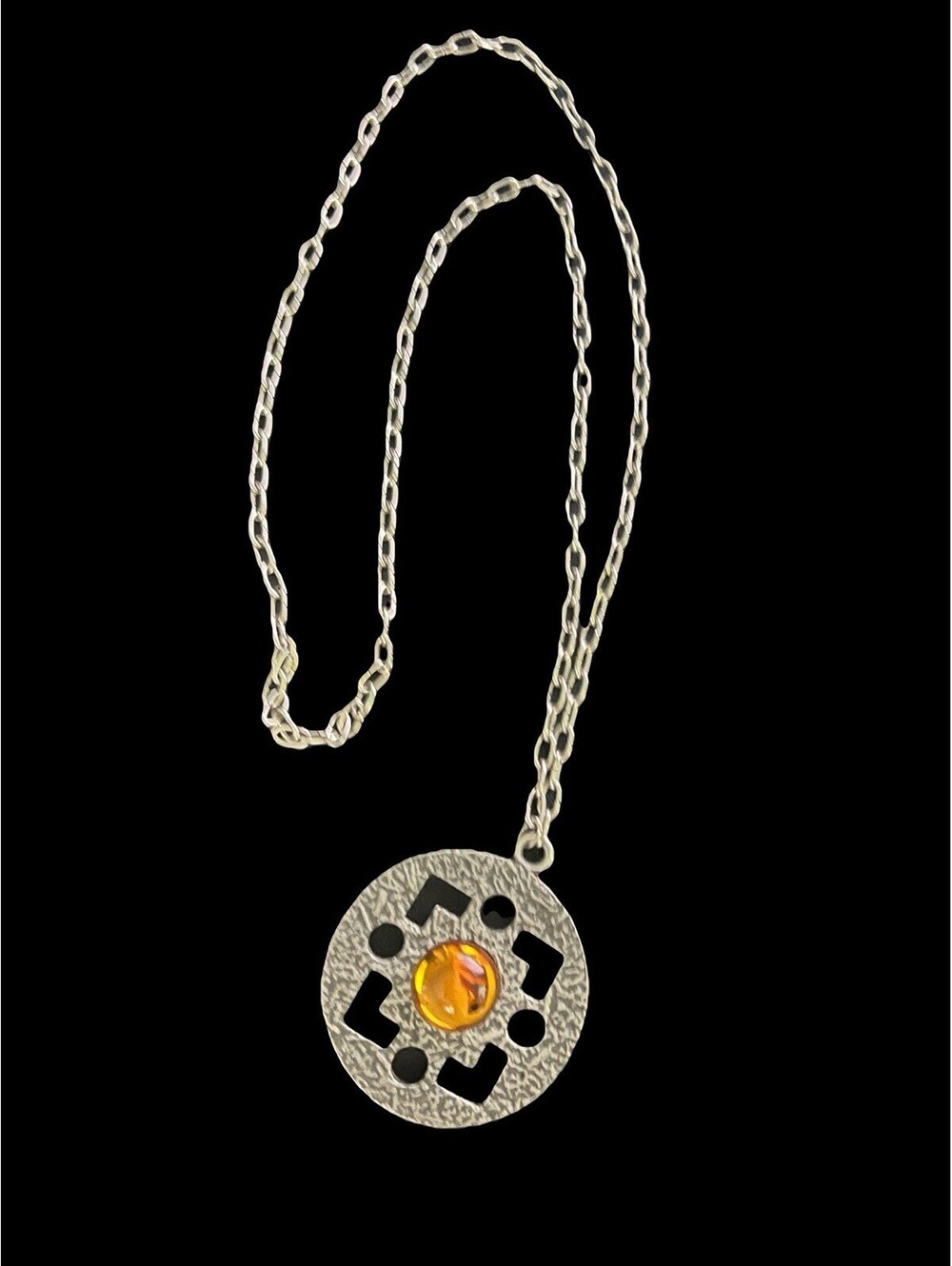 Pewter w/ Honey Amber Stone Pendant Necklace JP PEWTER Denmark 26 In Long Chain